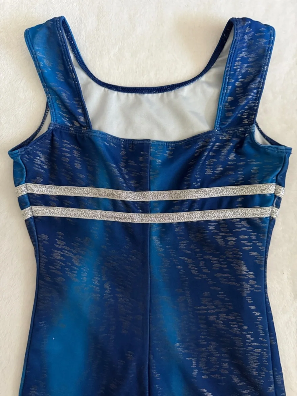 Danskin Now | Metallic Stripe Gymnastics Dance Biketard Leotard Blue Silver 6/6X